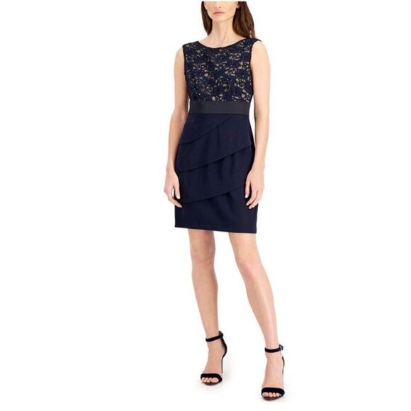Connected Dress 14W 14 W Blue Sequin Tiered Short Sleeve Party Wedding NEW - Picture 1 of 8
